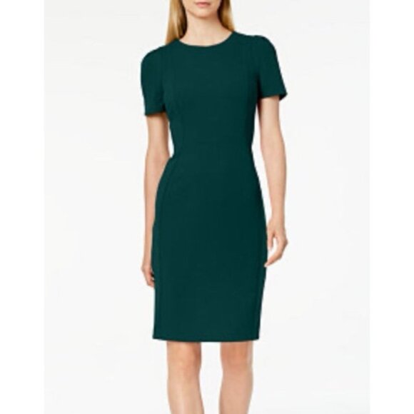 Calvin Klein Dress 6 Scuba Sheath Dark Green Short Tulip Sleeve Stretch Crew - Picture 1 of 15